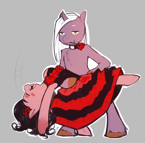 Size: 2731x2695 | Tagged: artist:suelix, backbend, choker, clothes, dancing, derpibooru import, dress, flamenco, flexible, gray background, oc, oc:mary berry, open mouth, rose in mouth, safe, simple background, unofficial characters only