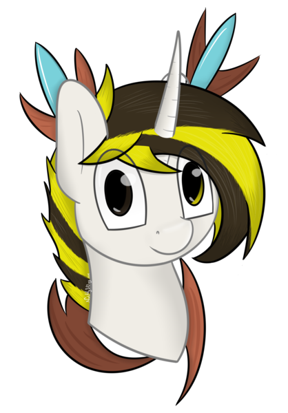 Size: 3864x5552 | Tagged: safe, artist:notmywing, derpibooru import, oc, oc:trogler, unofficial characters only, unicorn, bust, heterochromia, male, portrait, simple background, smiling, solo, staff, transparent background