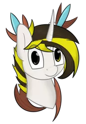 Size: 3864x5552 | Tagged: safe, artist:notmywing, derpibooru import, oc, oc:trogler, unofficial characters only, unicorn, bust, heterochromia, male, portrait, simple background, smiling, solo, staff, transparent background