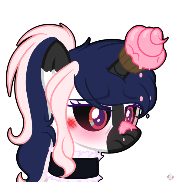 Size: 1541x1592 | Tagged: safe, artist:themisslittledevil, derpibooru import, oc, oc:eva, unofficial characters only, pony, black sclera, cupcake, female, food, mare, simple background, solo, transparent background