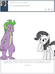 Size: 600x800 | Tagged: safe, artist:dekomaru, derpibooru import, rarity, spike, pony, tumblr:ask twixie, ask, diamondstuck, partial color, tumblr