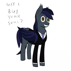 Size: 1000x1000 | Tagged: safe, artist:totallynotabronyfim, derpibooru import, bat pony, caption, clothes, dialogue, fangs, female, necktie, smiling, solo, suit, tail band, wide eyes