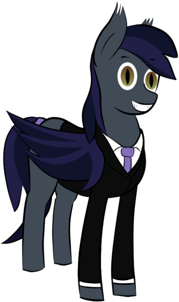 Size: 537x904 | Tagged: safe, artist:totallynotabronyfim, derpibooru import, oc, oc:cracked mirror, unofficial characters only, bat pony, clothes, fangs, female, necktie, simple background, smiling, solo, suit, tail band, transparent background, wide eyes