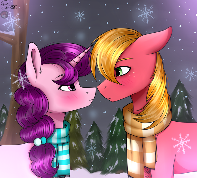 Size: 1024x922 | Tagged: safe, artist:racheldantes, derpibooru import, big macintosh, sugar belle, earth pony, pony, unicorn, blushing, clothes, couple, female, looking at each other, male, mare, scarf, shipping, snow, snowfall, stallion, straight, sugarmac