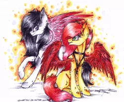 Size: 1024x841 | Tagged: safe, artist:scootiegp, derpibooru import, oc, oc:chimi, oc:sophie, unofficial characters only, pegasus, pony, crest, duo, duo female, female, fluffy, jewelry, looking at each other, necklace, signature, sitting, standing, traditional art, wings