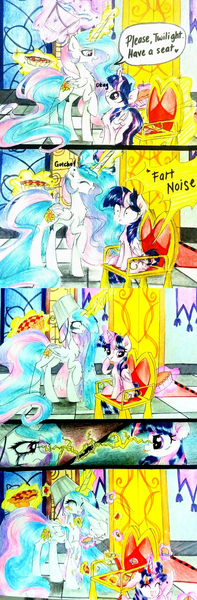 Size: 709x2157 | Tagged: safe, artist:liaaqila, derpibooru import, edit, princess celestia, twilight sparkle, twilight sparkle (alicorn), alicorn, pony, comic, cute, cutelestia, eyes closed, fart noise, food, food fight, levitation, lightning, magic, mascara, pie, prank, sillestia, silly, silly pony, smiling, sound effects, telekinesis, throne, tongue out, traditional art, whoopie cushion