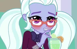 Size: 1378x880 | Tagged: suggestive, derpibooru import, edit, edited screencap, screencap, sugarcoat, dance magic, equestria girls, spoiler:eqg specials, blushing, clothes, crystal prep academy uniform, cute, drink, drool, lewd, school uniform, solo, sugarcute