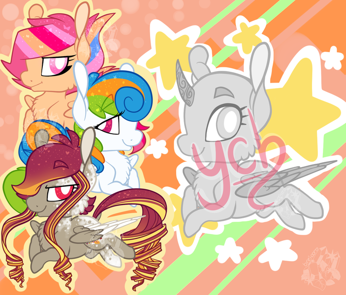 Size: 1312x1120 | Tagged: safe, artist:breioom, derpibooru import, oc, oc:autumn shimmer, oc:chasing clouds, oc:sherbert skyes, unofficial characters only, alicorn, pegasus, pony, unicorn, chibi, commission, female, stars, your character here