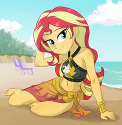 Size: 800x820 | Tagged: safe, artist:ta-na, derpibooru import, sunset shimmer, equestria girls, equestria girls series, forgotten friendship, arm behind head, barefoot, beach, beach babe, belly button, breasts, clothes, cloud, feet, female, looking at you, lounge chair, midriff, praise the sunset, sarong, sexy, sky, smiling, solo, summer sunset, sunsex shimmer, swimsuit, water