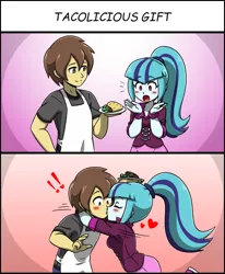 Size: 1300x1580 | Tagged: safe, artist:acesrockz, artist:drdark7, derpibooru import, sonata dusk, oc, oc:silent mic, equestria girls, apron, blushing, canon x oc, clothes, exclamation point, female, food, kissing, male, silenata, straight, taco