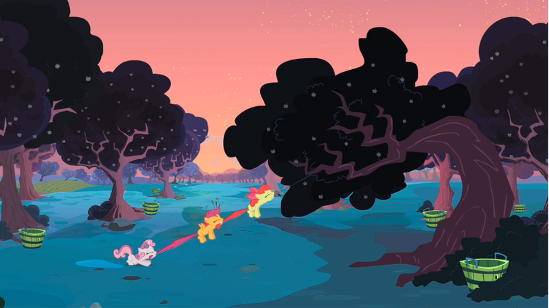 Size: 1281x720 | Tagged: safe, derpibooru import, screencap, apple bloom, scootaloo, sweetie belle, earth pony, pegasus, pony, unicorn, family appreciation day, apple, apple orchard, apple tree, basket, bushel basket, cutie mark crusaders, female, filly, foal, food, pulling, tree, trio, twilight (astronomy), unripe zap apple, zap apple, zap apple tree