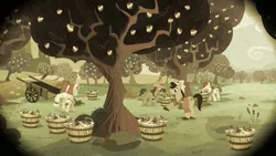 Size: 1279x719 | Tagged: safe, derpibooru import, screencap, granny smith, earth pony, pony, family appreciation day, apple, apple family, apple orchard, basket, bonnet, braid, braided tail, bushel basket, flashback, food, harvest, orchard, sepia, young granny smith, younger, zap apple, zap apple tree