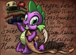 Size: 1200x864 | Tagged: apple, artist:harwick, book, cup, derpibooru import, dragon, dragon lord spike, food, garbuncle, grin, looking at you, name, names, new rainbow dash, power ponies, quill, safe, scroll, smiling, solo, spike, spike day, spike the brave and glorious, spikey wikey