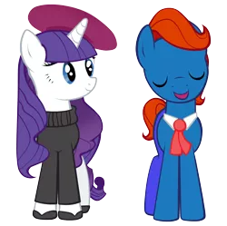 Size: 3009x3000 | Tagged: safe, artist:petraea, derpibooru import, rarity, oc, oc:lancer, earth pony, pony, beatnik rarity, beret, clothes, hat, high res, male, necktie, shoes, simple background, stallion, sweater, transparent background, vector