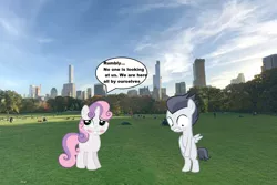 Size: 2400x1600 | Tagged: dead source, safe, artist:jawsandgumballfan24, artist:red4567, derpibooru import, edit, rumble, sweetie belle, pony, bipedal, blush sticker, blushing, central park, colt, covering, dialogue, embarrassed, female, filly, irl, male, new york, new york city, photo, ponies in real life, rumbelle, shipping, skyscraper, straight, we don't normally wear clothes