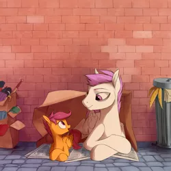 Size: 2000x2000 | Tagged: safe, artist:vistamage, derpibooru import, princess celestia, scootaloo, oc, oc:nopony special, pegasus, pony, fanfic, fanfic:home is for the weak, alleyway, brick wall, cardboard box, cobblestone street, crossed hooves, disguise, fanfic art, fanfic cover, female, filly, homeless, looking at each other, male, newspaper, pink mane, prone, race swap, rule 63, smiling, stallion, trash can