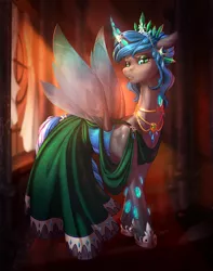 Size: 1008x1280 | Tagged: artist:longinius, artist:vest, blue changeling, changeling, changeling oc, changeling queen, changeling queen oc, clothes, collaboration, crown, derpibooru import, dress, eyeshadow, female, jewelry, lidded eyes, looking at you, makeup, mare, necklace, oc, oc:queen polistae, regalia, safe, solo, unofficial characters only