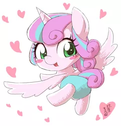 Size: 1000x1038 | Tagged: artist:yanamosuda, blushing, blush sticker, cute, derpibooru import, diaper, flurrybetes, flying, heart, looking at you, looking back, looking back at you, princess flurry heart, safe, solo, spread wings, wings, wrong eye color