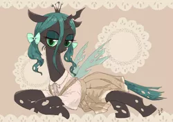 Size: 1414x1000 | Tagged: alternate hairstyle, artist:yanamosuda, bow, changeling, changeling queen, clothes, derpibooru import, dress, hair bow, lace, looking at you, pigtails, queen chrysalis, safe, solo