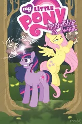 Size: 659x1000 | Tagged: safe, artist:katiecandraw, derpibooru import, idw, fluttershy, twilight sparkle, pegasus, pony, spider, unicorn, spoiler:comic, cover, female, flutterhigh, flying, high, mare, my little pony logo, official comic