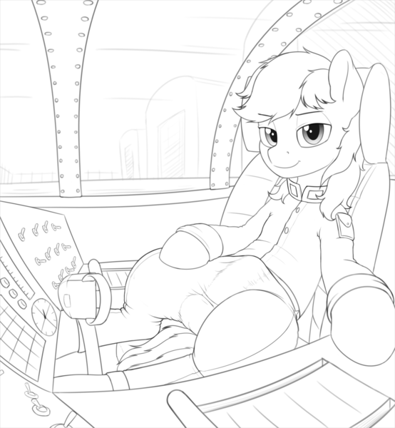 Size: 3067x3319 | Tagged: questionable, artist:zippysqrl, derpibooru import, oc, oc:dustbowl dune, unofficial characters only, pony, semi-anthro, aircraft, clothes, crotch bulge, fisheye perspective, flight suit, grayscale, hangar, interior, looking at you, male, monochrome, perspective, sketch, smiling, solo, solo male, stallion, uniform