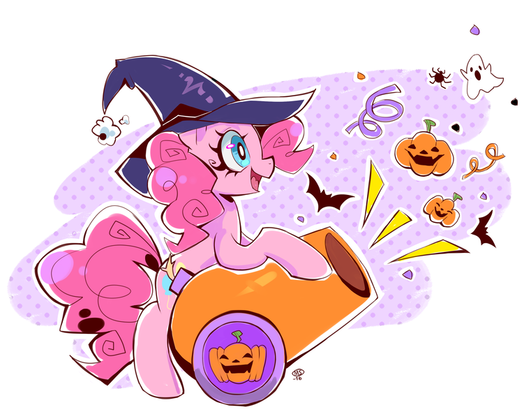 Size: 3242x2591 | Tagged: safe, artist:milkayart, derpibooru import, pinkie pie, bat, earth pony, pony, confetti, cute, female, halloween, hat, holiday, jack-o-lantern, mare, party cannon, pumpkin, smiling, solo, witch hat