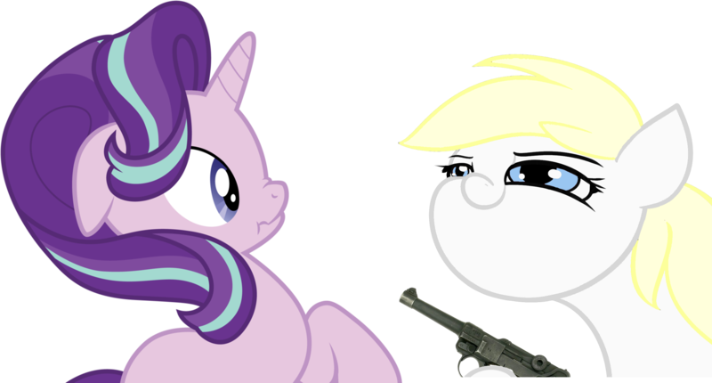 Size: 2679x1439 | Tagged: semi-grimdark, artist:anonymous, derpibooru import, edit, starlight glimmer, oc, oc:aryanne, earth pony, pony, unicorn, aryan pony, communism, delet this, eye contact, female, floppy ears, friendship, frown, gun, handgun, hoof hold, implied murder, lidded eyes, looking at each other, luger p08, mare, nazi, nose wrinkle, pistol, scrunchy face, simple background, smiling, smirk, smug, stalin glimmer, starlight vs aryanne, threatening, transparent background, vector, wat, wavy mouth, weapon, world war ii