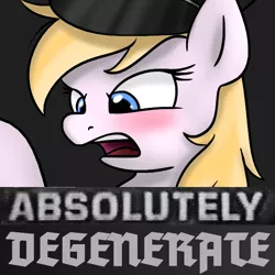 Size: 600x600 | Tagged: safe, artist:anonymous, derpibooru import, oc, oc:aryanne, unofficial characters only, earth pony, pony, absolutely disgusting, aryan pony, blackletter, blushing, degeneracy, disgusted, face, female, hat, image macro, mare, meme, nazi, open mouth, reaction image