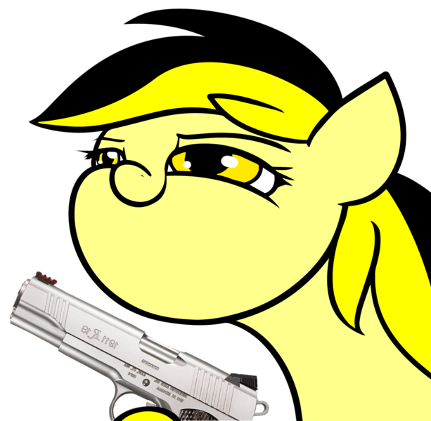 Size: 1266x1239 | Tagged: artist:anonymous, delet this, derpibooru import, faic, gun, hoof hold, /mlpol/, oc, oc:leslie fair, reaction image, safe, simple background, smiling, smug, transparent background, unofficial characters only, weapon
