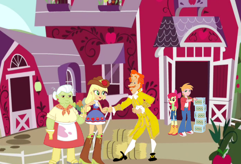 Size: 1028x700 | Tagged: safe, artist:jeffersonfan99, derpibooru import, edit, apple bloom, applejack, big macintosh, granny smith, equestria girls, bad edit, baroque, beauty and the beast, boots, buckled shoes, clothes, cowboy boots, cowboy hat, crossover, ewan mcgregor, fall formal, fall formal outfits, hat, lumiere, prom, shoes, style clash