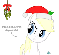 Size: 2200x2056 | Tagged: safe, derpibooru import, edit, oc, oc:aryanne, unofficial characters only, earth pony, pony, aryan pony, christmas, dialogue, disgusted, do not want, female, frown, hat, holiday, leaf, looking at you, mare, mistletoe, nazi, santa hat, simple background, smiling, transparent background, vector