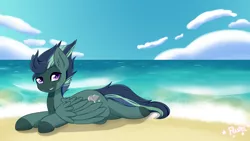 Size: 6000x3375 | Tagged: safe, artist:pastel-pony-princess, derpibooru import, oc, unofficial characters only, pegasus, pony, beach, ocean, prone, sand, solo, water