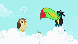 Size: 1280x720 | Tagged: animal, bird, cloud, derpibooru import, insect, keel-billed toucan, may the best pet win, on a cloud, owl, perching, safe, screencap, sitting on cloud, toucan, wasp