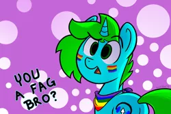 Size: 2000x1333 | Tagged: safe, artist:scritchy, derpibooru import, oc, oc:pixel bit, unofficial characters only, unicorn, faggot, gay pride, gay pride flag, irony, male, pride, solo, vulgar