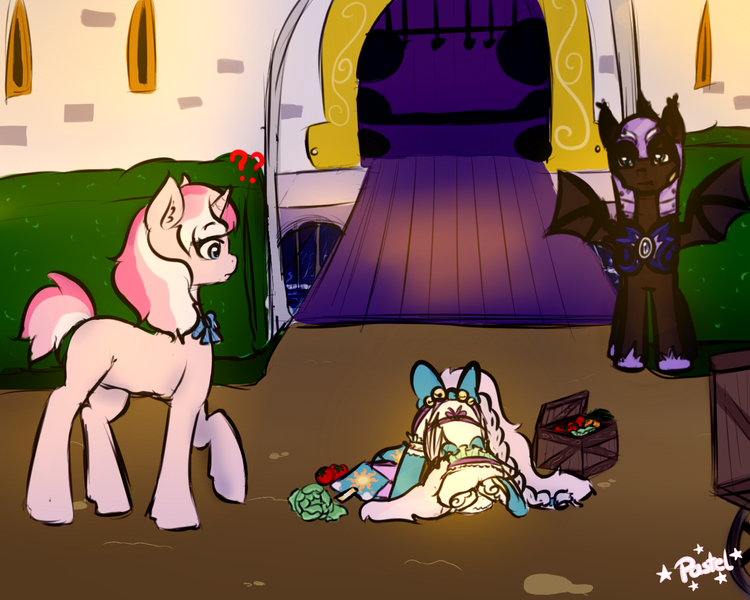 Size: 1280x1024 | Tagged: safe, artist:pastel-pony-princess, derpibooru import, oc, oc:nebula, oc:sylphie, unofficial characters only, bat pony, pony, unicorn, bat pony oc, cabbage, drawbridge, face down ass up, food, night guard, question mark, raised hoof, tomato