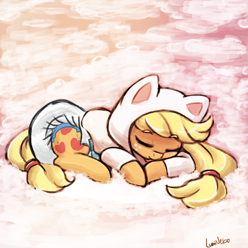 Size: 500x500 | Tagged: questionable, artist:lumineko, derpibooru import, edit, applejack, applecat, behaving like a cat, cat hoodie, cute, diaper, diaper edit, diaper fetish, eyes closed, fetish, jackabetes, licking, poofy diaper, prone, solo, tongue out