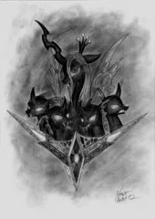 Size: 2390x3370 | Tagged: artist:nightpaint12, changeling, derpibooru import, grayscale, monochrome, queen chrysalis, safe, traditional art