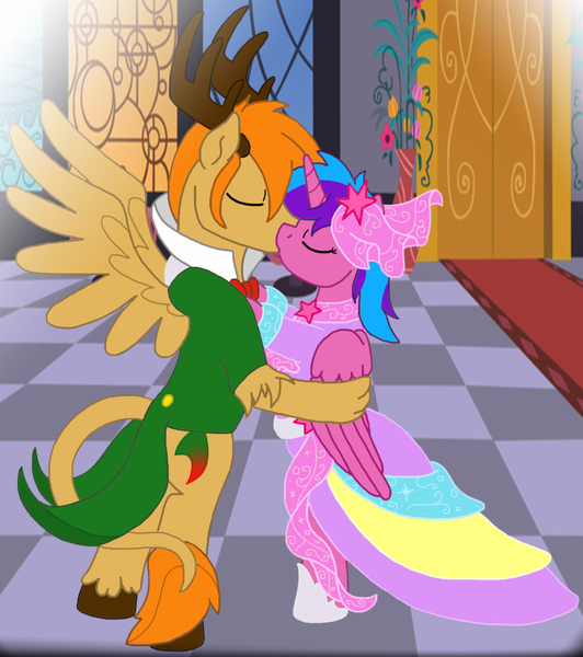 Size: 971x1096 | Tagged: alicorn, alicorn oc, artist:faitheverlasting, chaody, clothes, derpibooru import, dress, eyes closed, fanfic, fanfic art, female, gala dress, hybrid, interspecies offspring, kissing, male, oc, oc:chaos control, oc:melody aurora, oc x oc, offspring, offspring shipping, parent:discord, parent:flash sentry, parent:fluttershy, parents:discoshy, parents:flashlight, parent:twilight sparkle, safe, shipping, straight, unofficial characters only