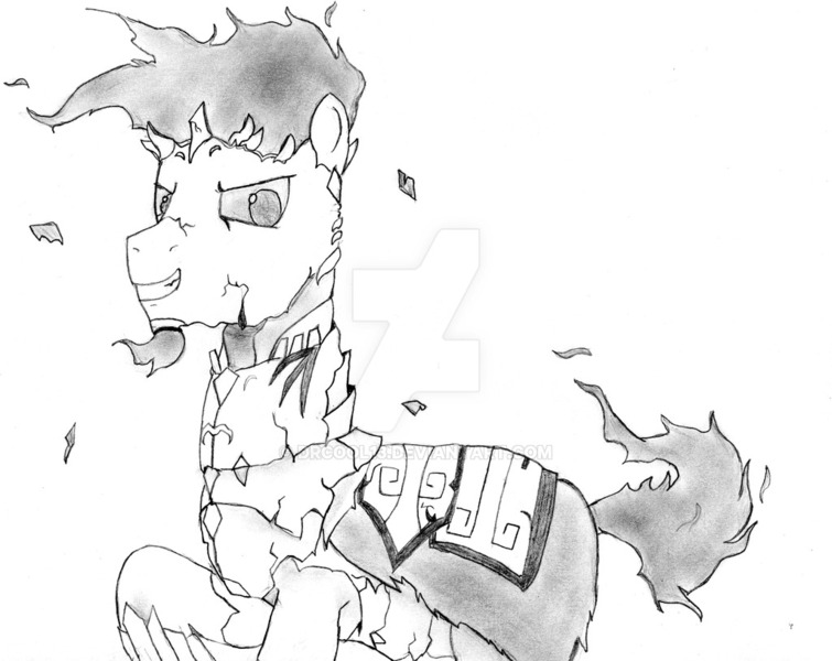 Size: 1024x814 | Tagged: safe, artist:drcool13, derpibooru import, ponified, pony, clothes, evil grin, flaming tail, fragments, grayscale, grin, male, mane of fire, monochrome, scanned, shadow fight 2(game), smiling, solo, traditional art, volcano pony, volcano(character), watermark