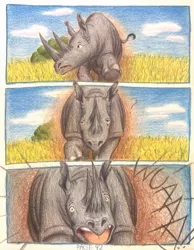 Size: 1068x1376 | Tagged: africa, artist:thefriendlyelephant, barely pony related, black rhinoceros, bush, cloud, comic, comic:sable story, derpibooru import, dust, grass, horns, oc, oc:grumpy the rhino, question mark, rhinoceros, running, safe, savanna, this will end in pain, traditional art, unofficial characters only