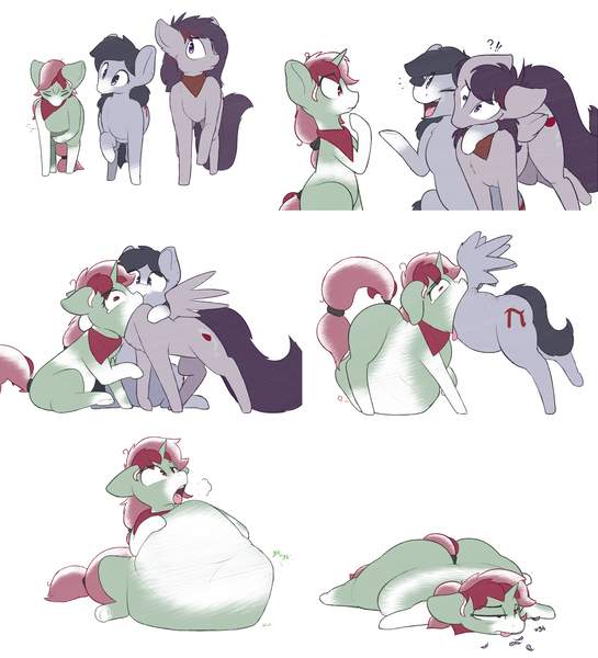 Size: 2000x2200 | Tagged: grimdark, questionable, artist:nom-sympony, derpibooru import, oc, oc:clover, oc:pepci, oc:pepper dust, unofficial characters only, pegasus, pony, belly, burp, chubby, comic, digestion, feather, feeder, fetish, force feeding, hungry, sequence, stomach noise, swallowing, tongue out, unwilling predator, vore, weight gain, willing vore