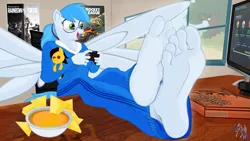 Size: 3200x1800 | Tagged: anthro, artist:wolyro pegasus, barefoot, breasts, chips, controller, derpibooru import, feet, feet on table, fetish, food, foot fetish, foot focus, little caesars, nachos, oc, oc:music art, overwatch, pizza, plantigrade anthro, plushie, poster, rainbow six siege, rocket league, safe, shipping, unofficial characters only, xbox one, xbox one controller