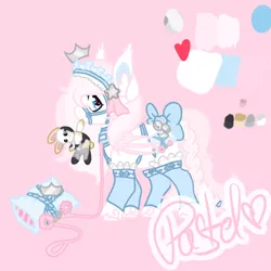 Size: 512x512 | Tagged: safe, artist:pastel-pony-princess, derpibooru import, oc, oc:sylphie, unofficial characters only, bat pony, bat pony oc, bell, bow, bridle, cat bell, collar, headdress, heart eyes, leg warmers, pillow, solo, tack, tail bow, wingding eyes