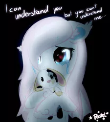 Size: 845x939 | Tagged: safe, artist:pastel-pony-princess, derpibooru import, oc, oc:sylphie, unofficial characters only, bat pony, bat pony oc, black background, crying, plushie, sad, simple background, solo