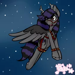 Size: 1024x1024 | Tagged: safe, alternate version, artist:pastel-pony-princess, derpibooru import, oc, oc:rune riddle, unofficial characters only, pegasus, pony, animal costume, antlers, costume, flying, reindeer costume, snow, snowfall, solo, unshorn fetlocks