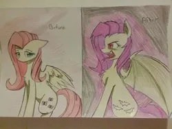 Size: 1288x966 | Tagged: safe, artist:ponime11, derpibooru import, fluttershy, bat pony, pony, duality, flutterbat, race swap, traditional art