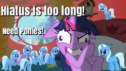 Size: 360x203 | Tagged: bronybait, cape, clothes, derpibooru import, dialogue, edit, edited screencap, hiatus, insanity, lesson zero, library, messy mane, multeity, picture for breezies, safe, screencap, so much pony, too less trixie, trixie, trixie army, trixie's cape, twilight snapple, twilight sparkle