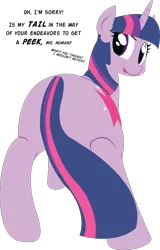 Size: 3153x4938 | Tagged: suggestive, artist:lyracorn, artist:sunibee, derpibooru import, edit, twilight sparkle, pony, unicorn, adobe illustrator, bronybait, covering, female, implied anon, lineless, looking at you, looking back, mare, minimalist, modern art, plot, reality ensues, rear view, she knows, simple background, simplistic art style, solo, tail covering, talking to viewer, teasing, transparent background, twibutt, unicorn twilight, vector