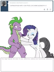 Size: 600x800 | Tagged: safe, artist:dekomaru, derpibooru import, rarity, spike, pony, tumblr:ask twixie, ask, diamondstuck, female, hug, lesbian, male, older, partial color, shipping, sparity, straight, tumblr