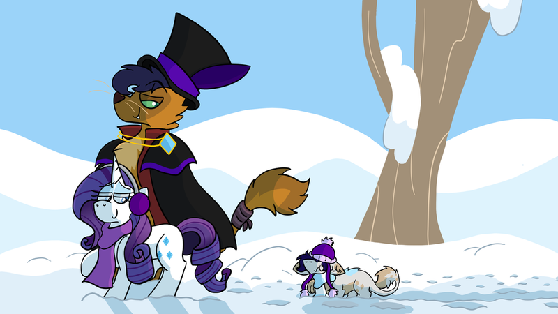 Size: 1024x576 | Tagged: safe, artist:numbuh-27, derpibooru import, capper dapperpaws, rarity, oc, oc:oddity, abyssinian, anthro, cat, hybrid, pony, my little pony: the movie, anthro with ponies, capperity, clothes, earmuffs, female, hat, interspecies offspring, male, offspring, parent:capper, parent:rarity, parents:capperity, scarf, shipping, snow, straight, top hat, tree, winter